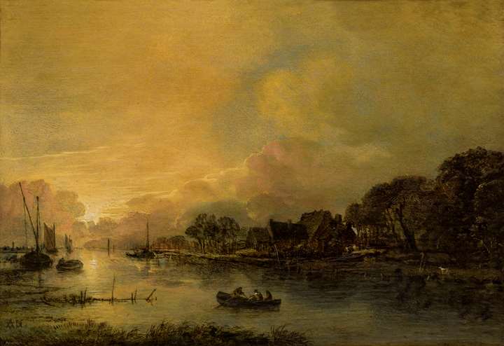 River Landscape at Sunset with a cottage and trees on the right opposite bank.